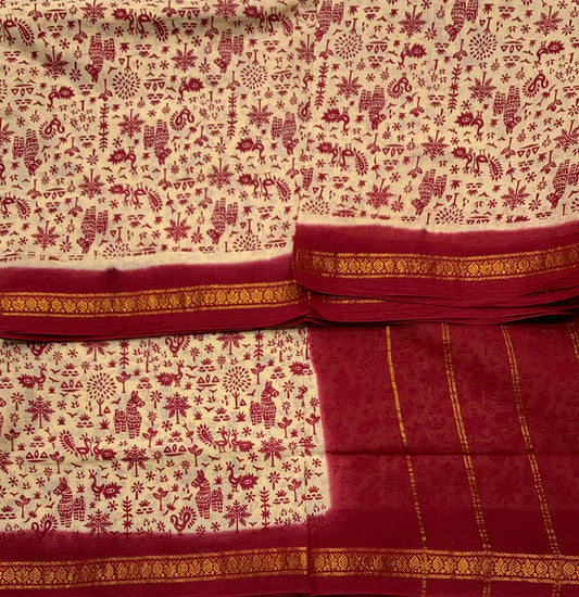 Chettinad Sungudi Cotton Tussar Colour with Maroon Border