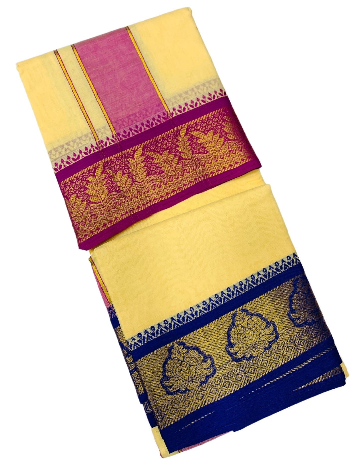 9X5 Cotton Dhoti Light Yellow Colour with Pink and Blue Border