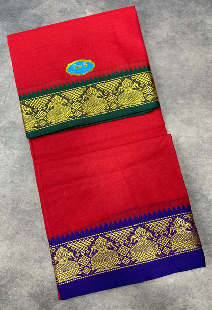 9X5 Cotton Dhoti Red Colour with Green and Blue Border