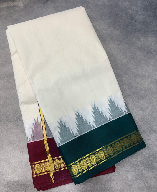 9X5 Korvai Cotton Dhoti Half White Colour Green and Maroon Border
