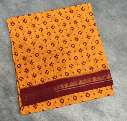 Chettinad Sungudi Cotton Yellow Colour with Maroon Colour Border