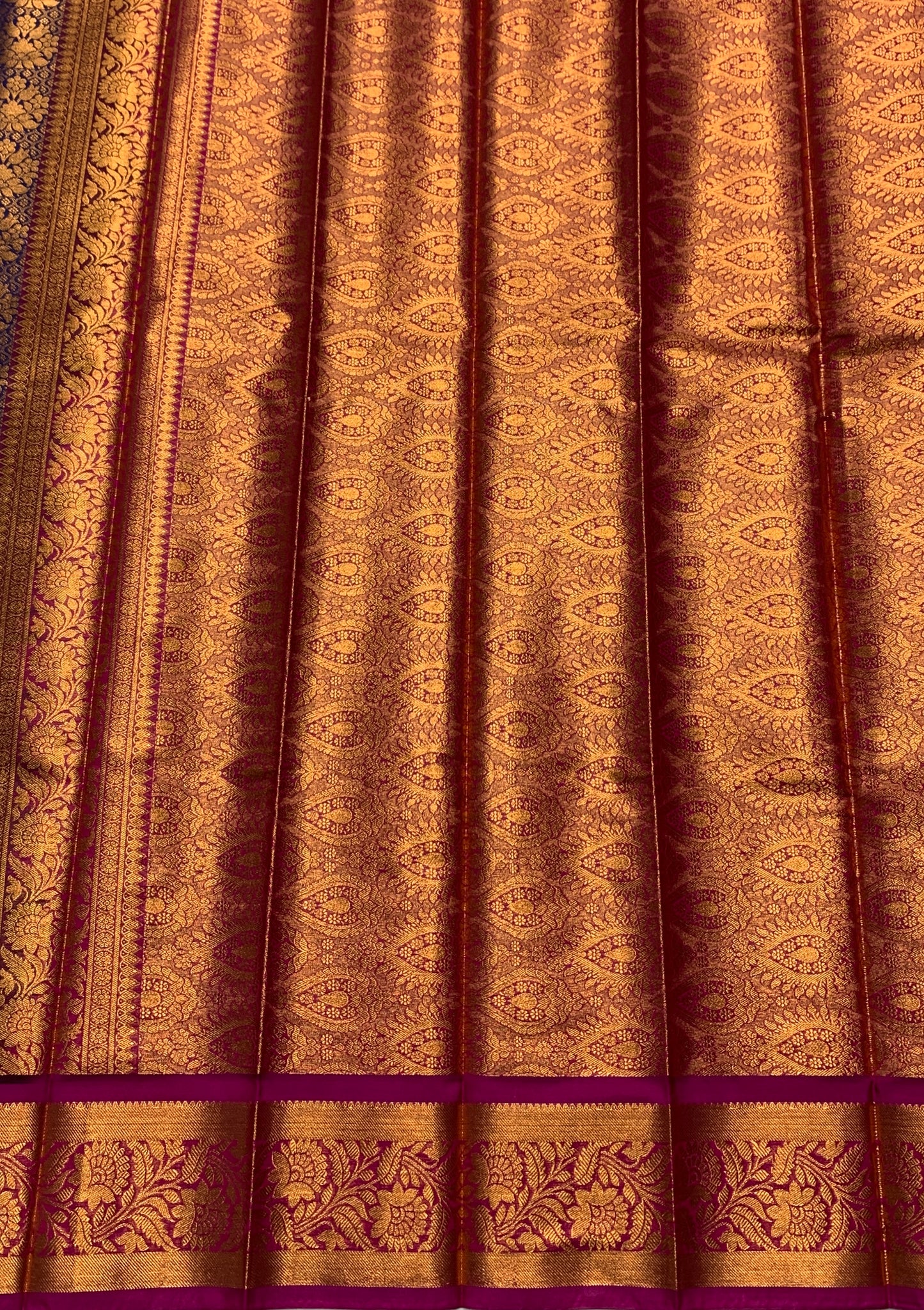 Vegan Silk Saree Blue Colour with Copper and Magenta Border