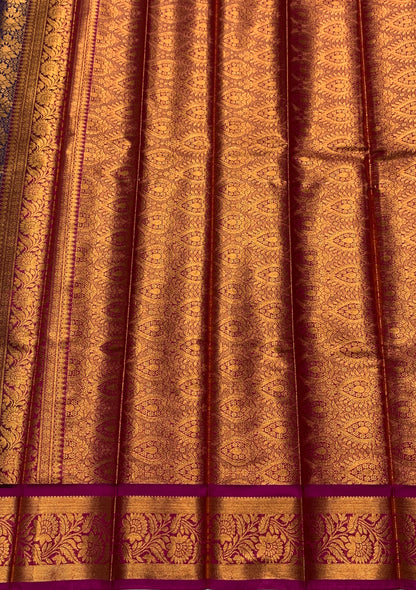 Vegan Silk Saree Blue Colour with Copper and Magenta Border