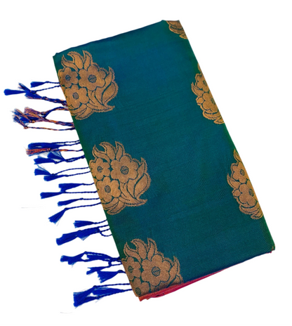 Soft Vegan Silk Saree Rama Blue shade with Floral Design