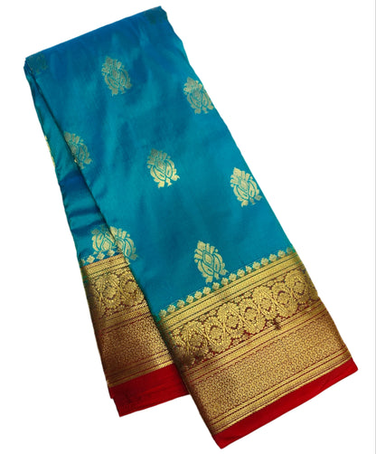 Pure Kanchipuram Silk Saree Sapphire Colour with Red Border