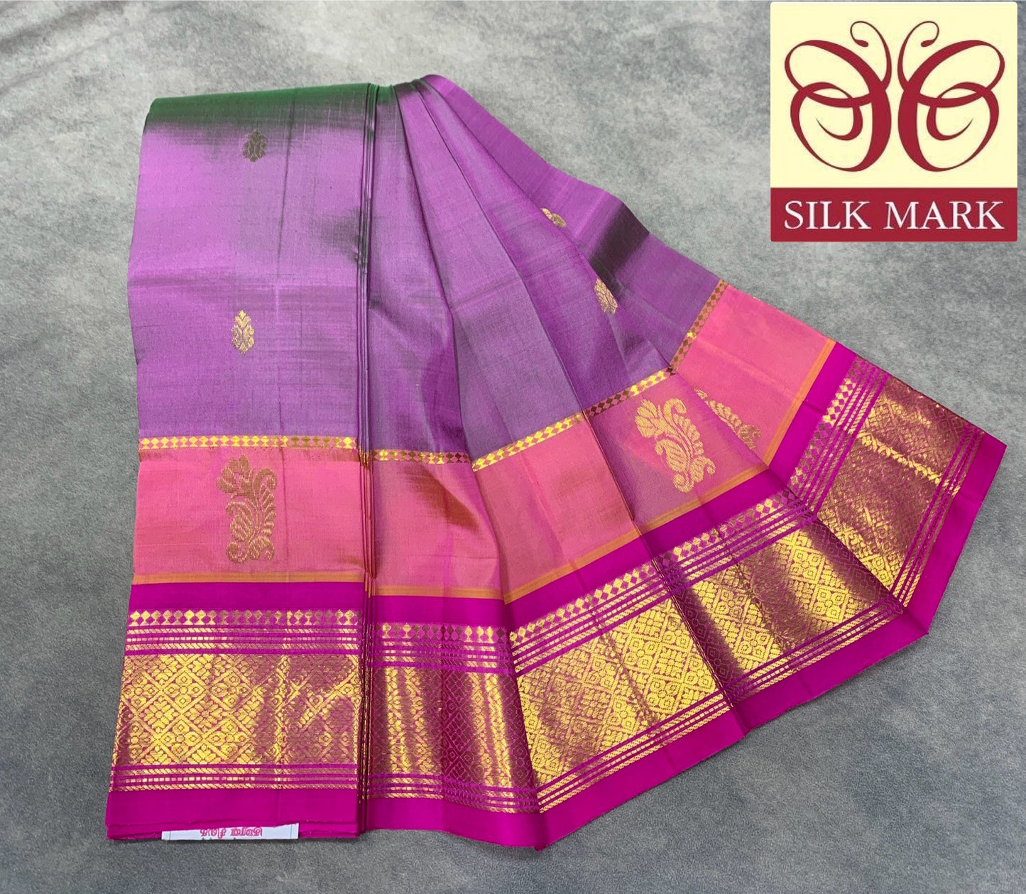 Pure Kanchipuram Silk Saree Dual Tone Lavender Colour with Pink Colour Gold Zari Border