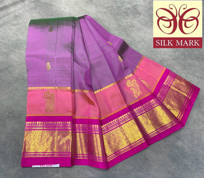 Pure Kanchipuram Silk Saree Dual Tone Lavender Colour with Pink Colour Gold Zari Border