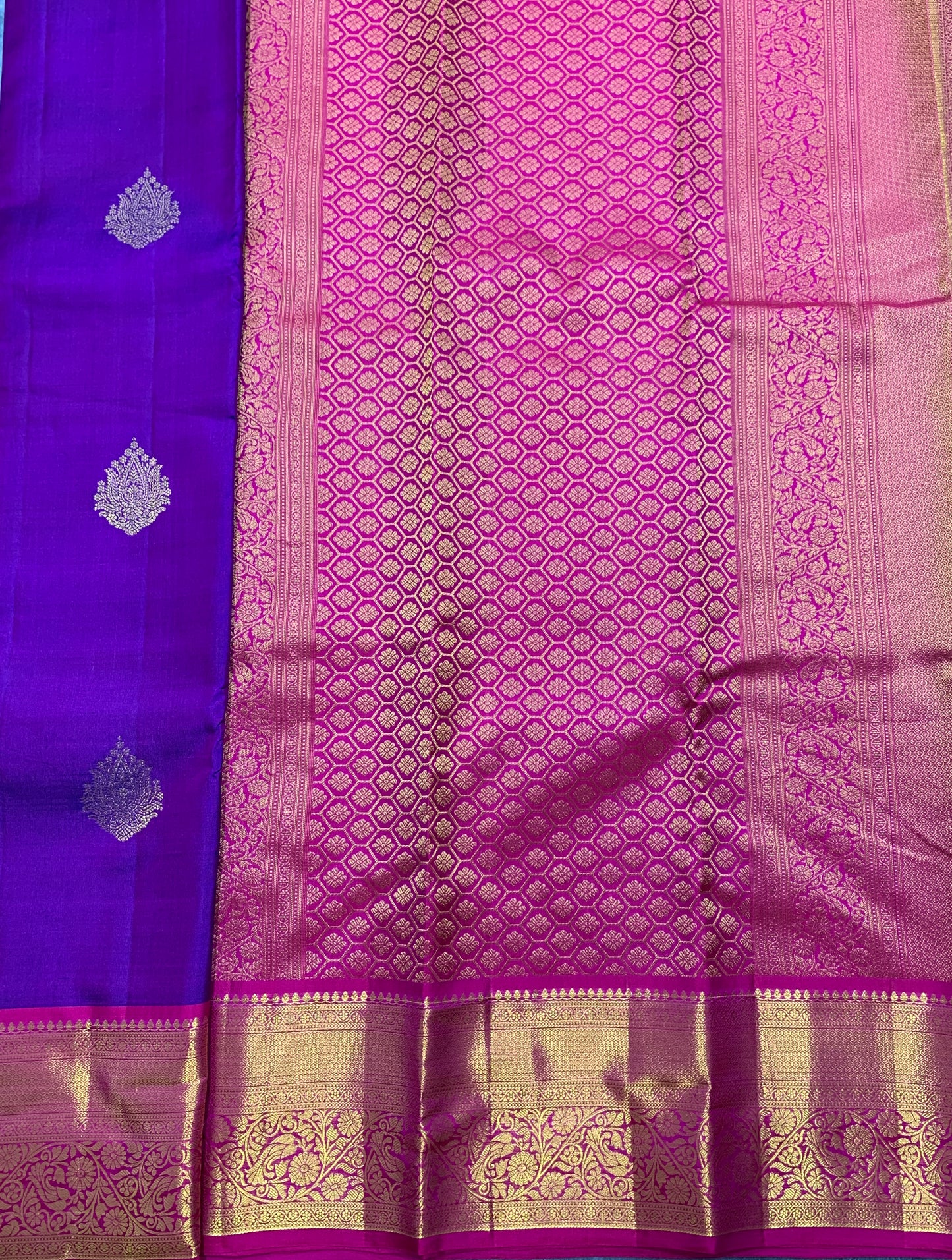 Pure Kanchipuram Silk Saree Purple Colour with Contrasting Pink Border and Gold Detailing