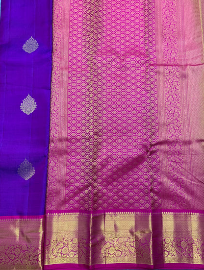 Pure Kanchipuram Silk Saree Purple Colour with Contrasting Pink Border and Gold Detailing