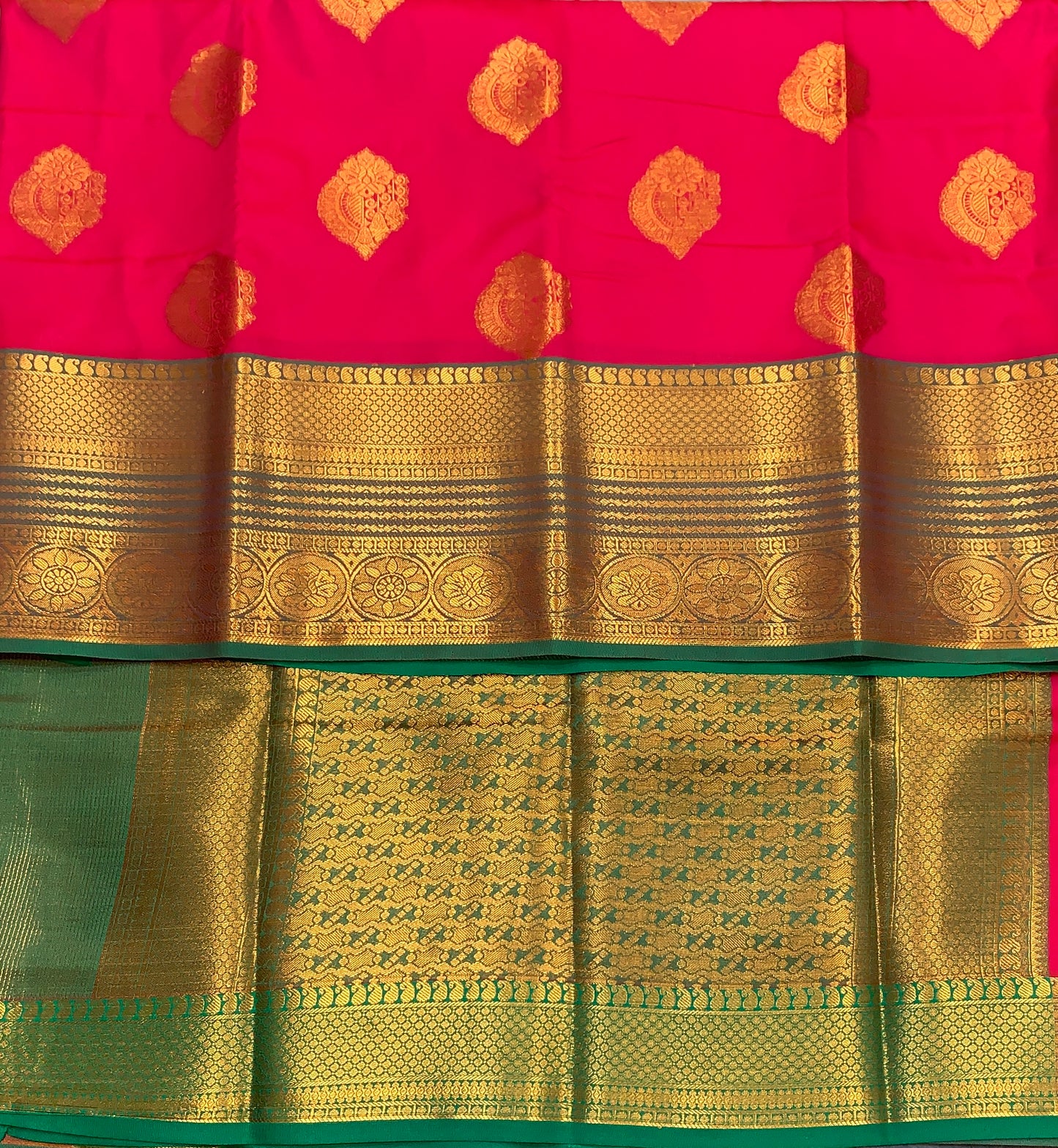 Soft Silk Casual Saree Tomato Pink Colour with Light Green and Golden Colour Border