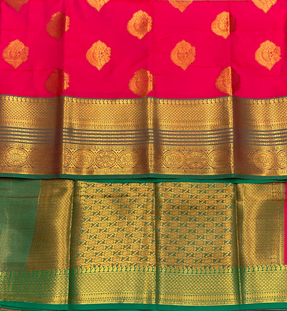 Soft Silk Casual Saree Tomato Pink Colour with Light Green and Golden Colour Border