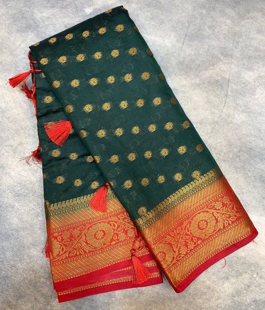 Crepe Saree Green Colour with Maroon Border