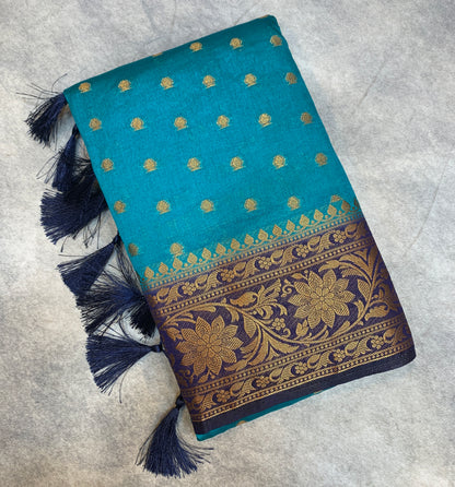 Crepe Saree Sky Blue Colour with Navy Blue Border