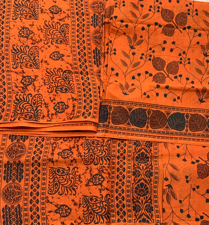 Chettinad Sungudi Cotton Orange Colour with Leaf Design Border