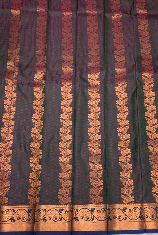 Vegan Silk Saree Dark Green Colour with Copper and Blue Border