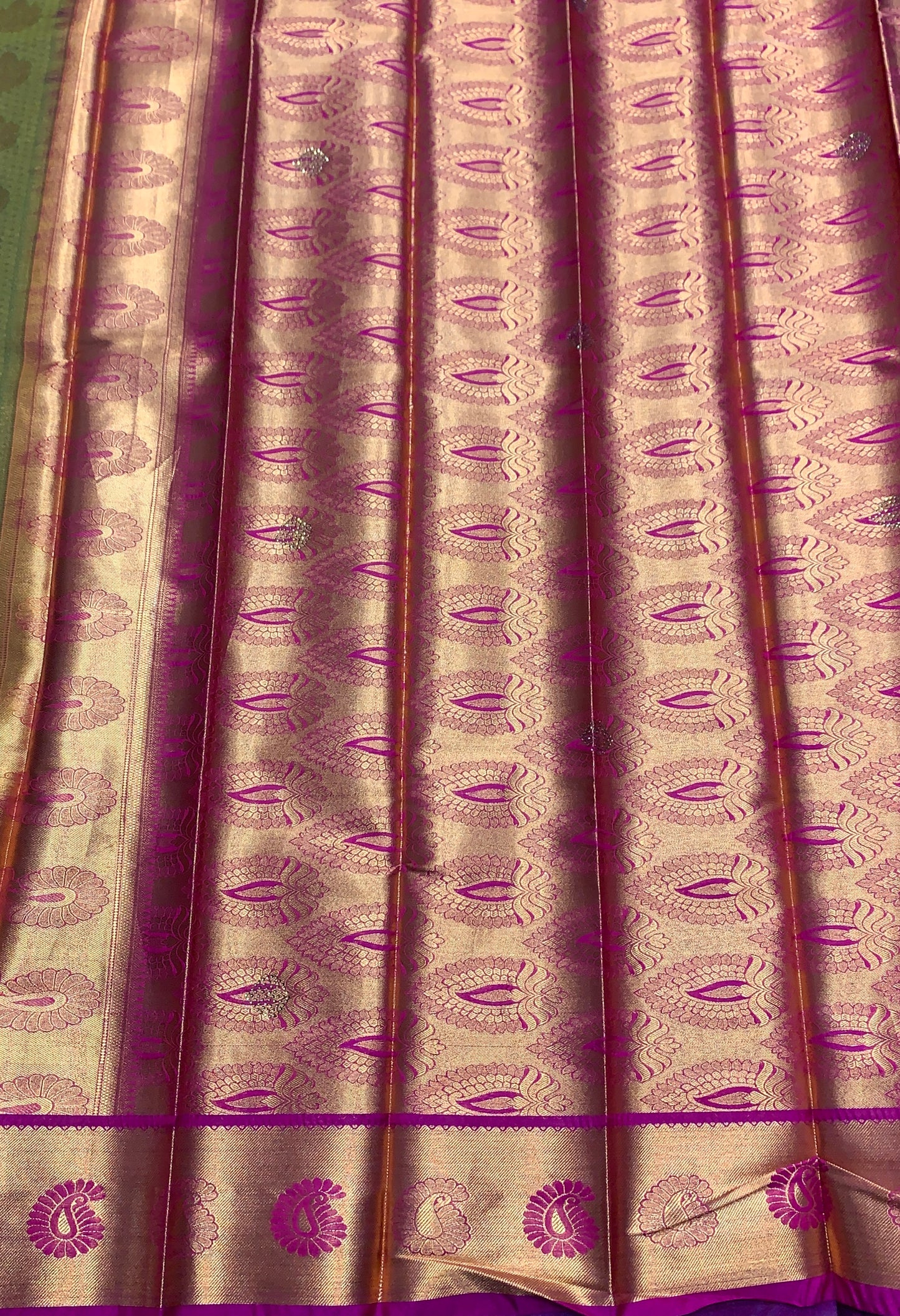 Vegan Silk Saree Olive Green Colour with Copper and Magenta Border
