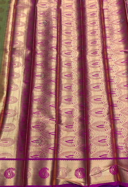 Vegan Silk Saree Olive Green Colour with Copper and Magenta Border