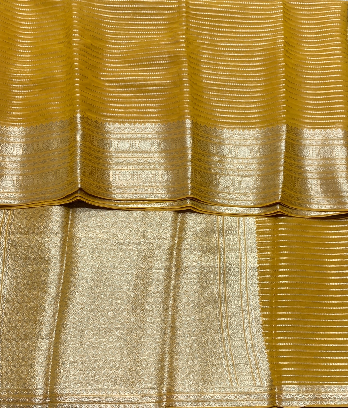 Georgette Saree Mustard Colour with Sliver Floral Design Border