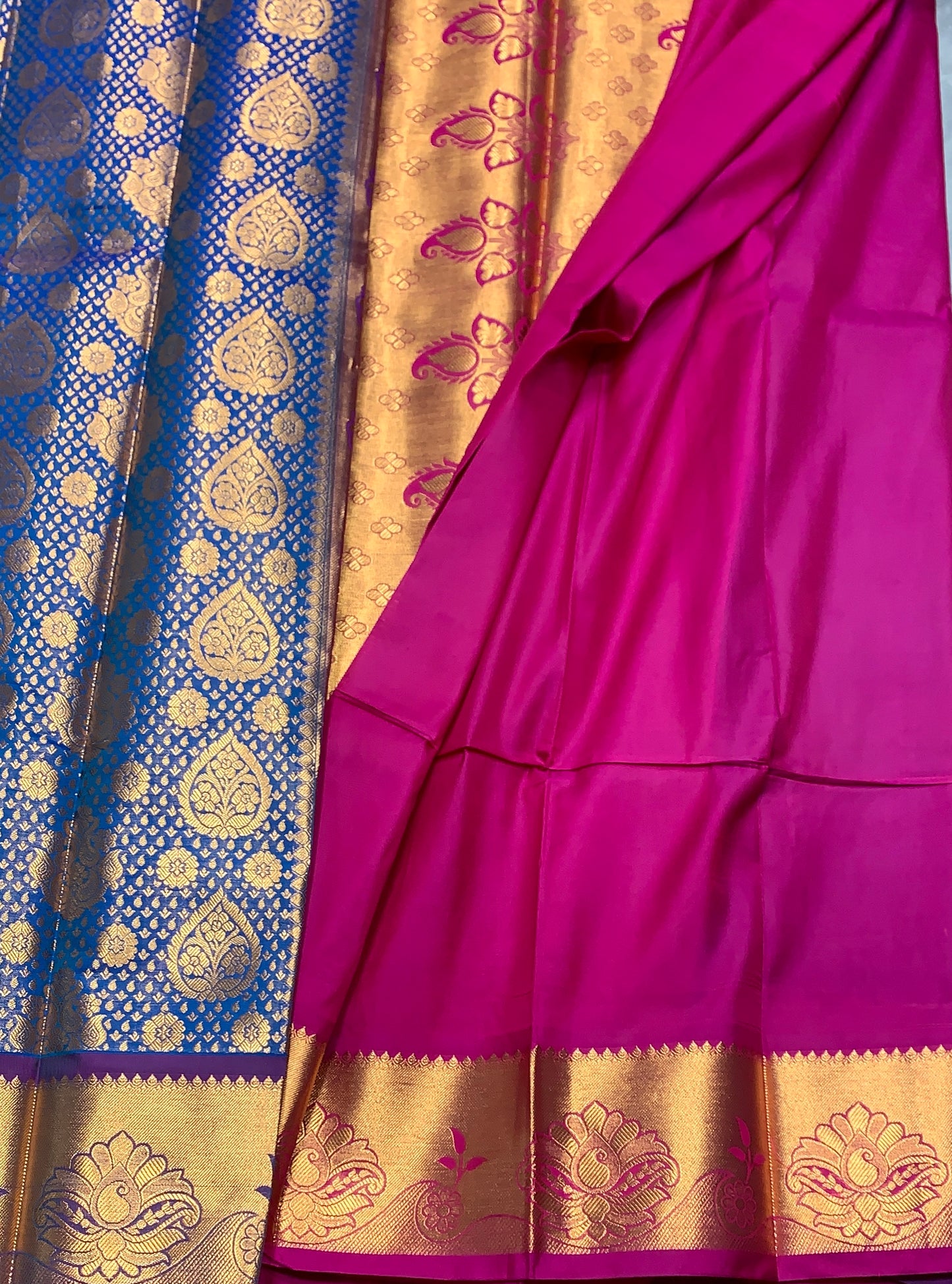 Vegan Silk Saree Blue Colour with Pink and Copper Border