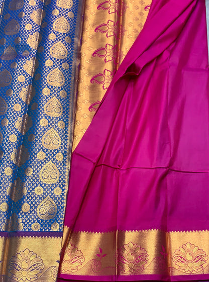 Vegan Silk Saree Blue Colour with Pink and Copper Border
