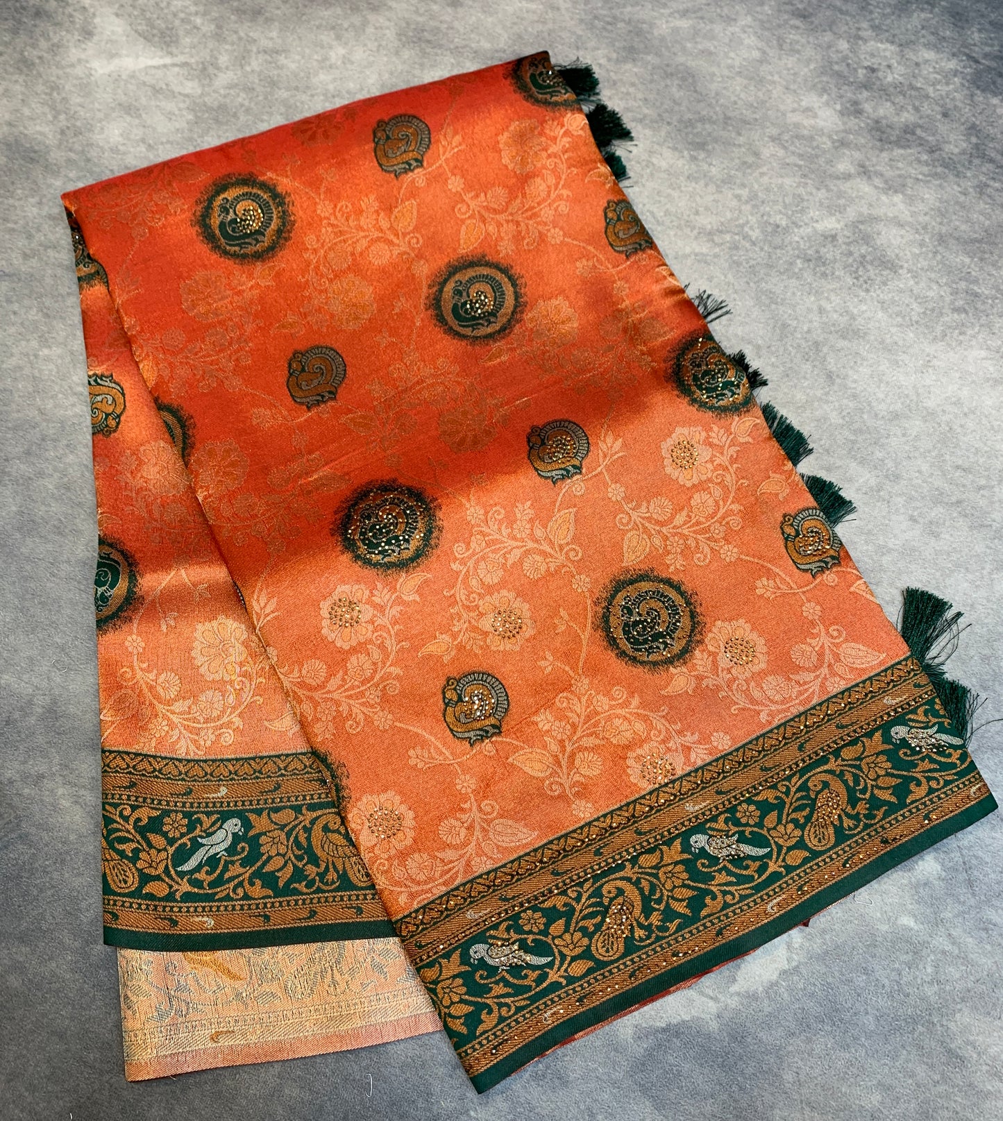 Fancy Tissue Saree Orange Colour with Green Border