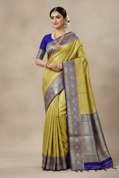 Lime Yellow Colour Soft Kanchi Tissue Pattu Saree with Blue Border