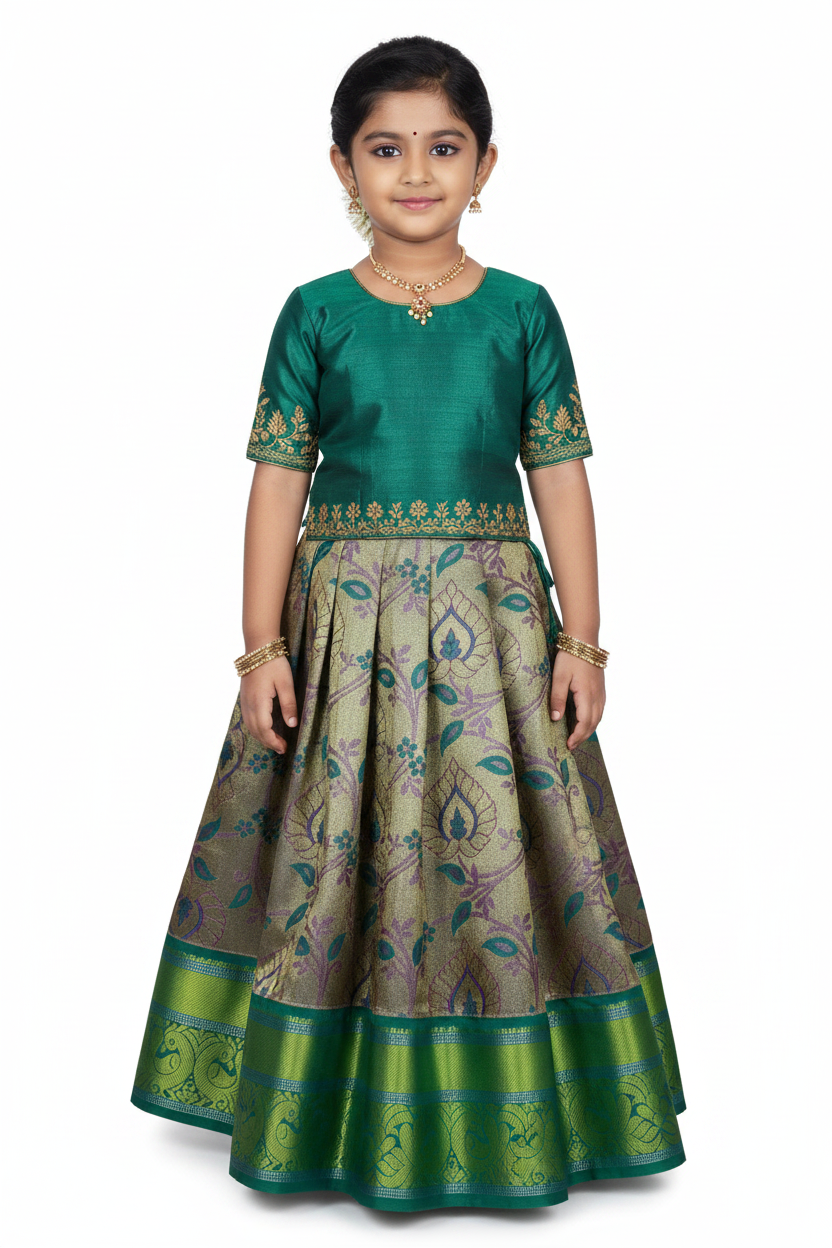 Sliver Shade Vegan Silk Kids Pattu Pavadai with Contrast Border for age 2 to 5