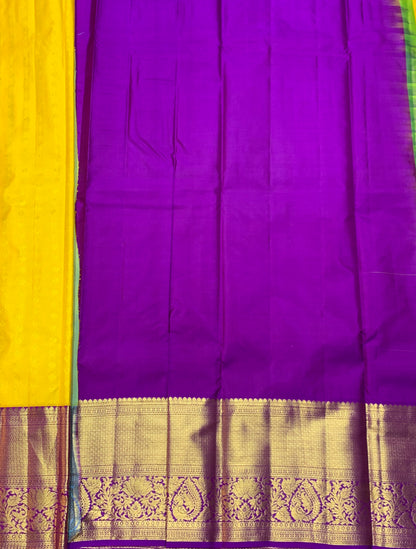 Yellow Shade Pure Kanchipuram Kids Pattu Pavadai with Contrast Border for Age Above 10 Years