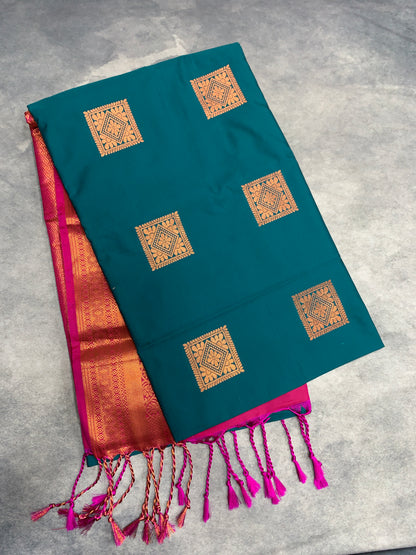 Soft Vegan Silk Saree Rama Green Colour with Pink and Copper Border