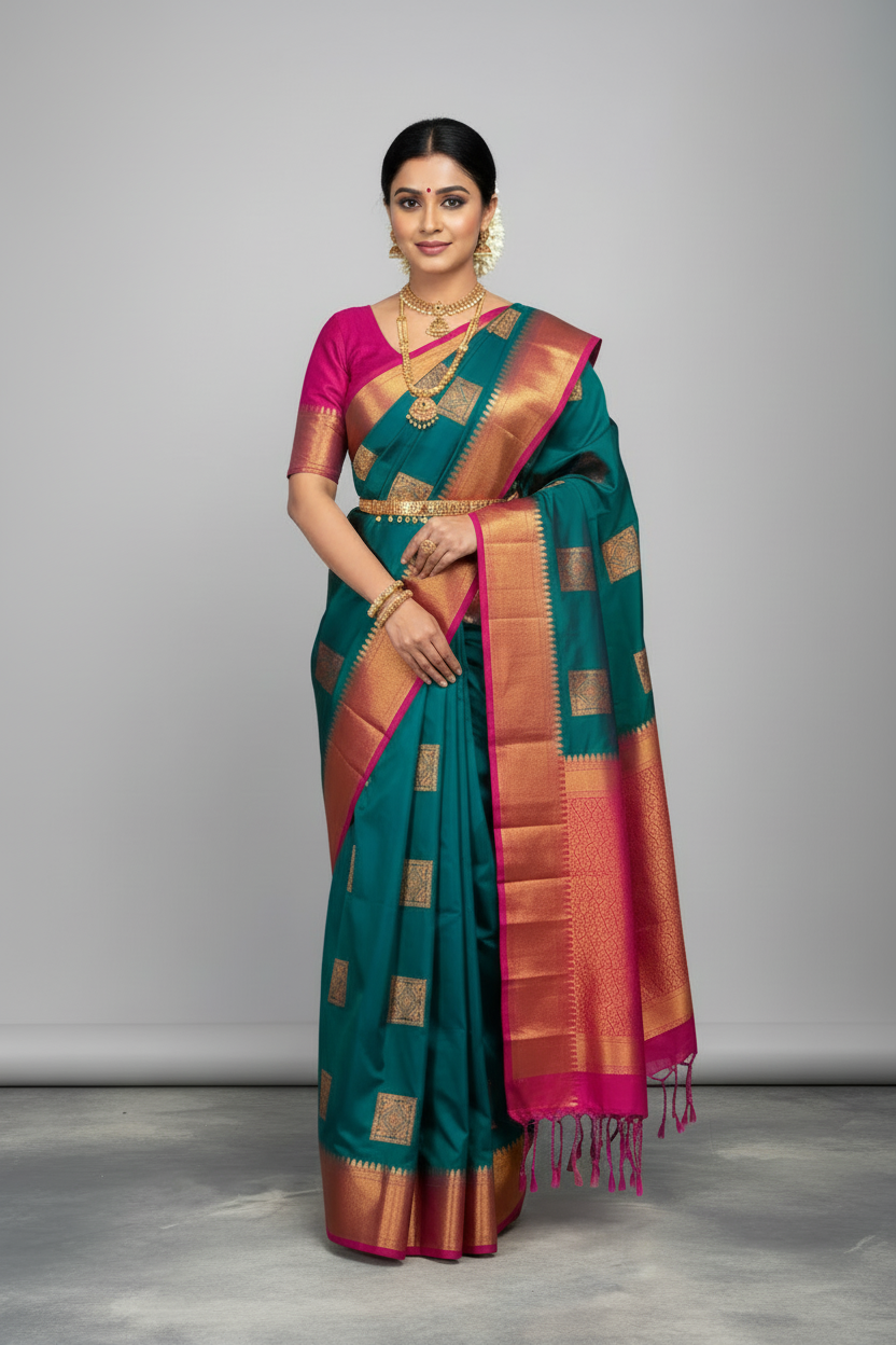 Soft Vegan Silk Saree Rama Green Colour with Pink and Copper Border