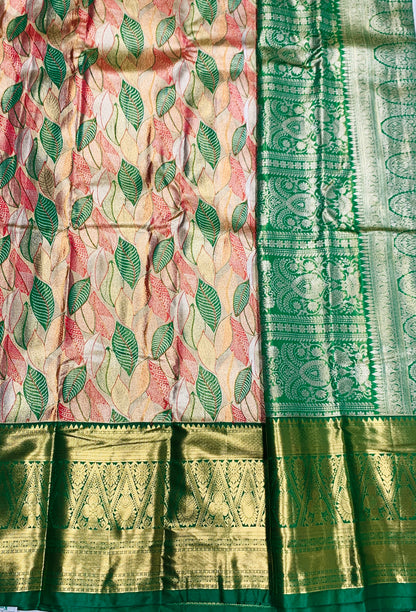 Orange & Green Leaf Soft Kanchi Tissue Pattu Saree with Green border