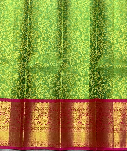 Parrot Green Shade Pure Kanchipuram Kids Pattu Pavadai with Contrast Border for Newborn to 2 Years
