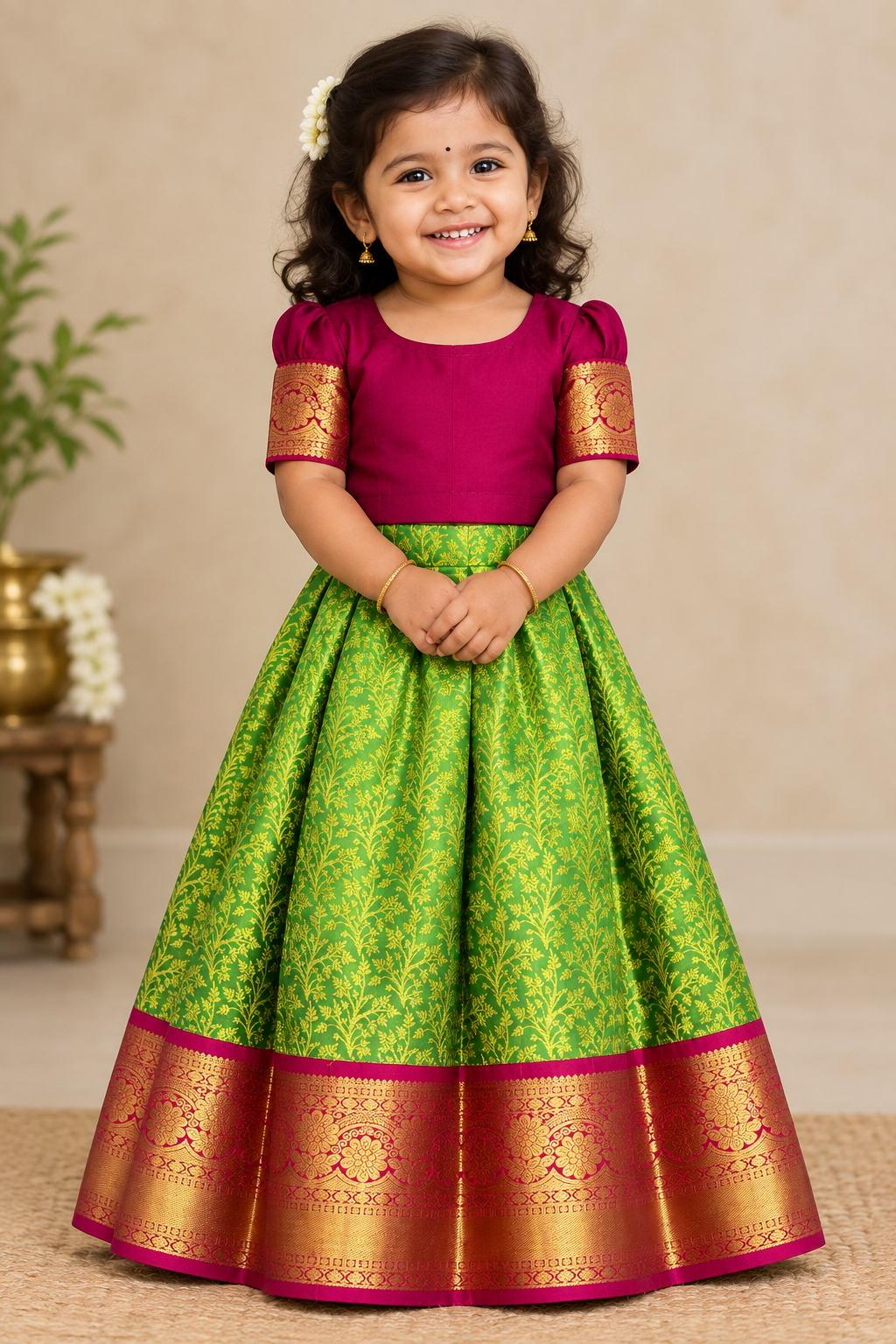 Parrot Green Shade Pure Kanchipuram Kids Pattu Pavadai with Contrast Border for Newborn to 2 Years