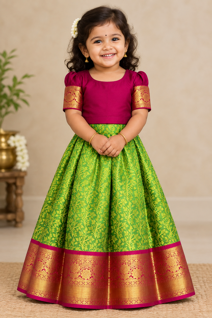 Parrot Green Shade Pure Kanchipuram Kids Pattu Pavadai with Contrast Border for Newborn to 2 Years