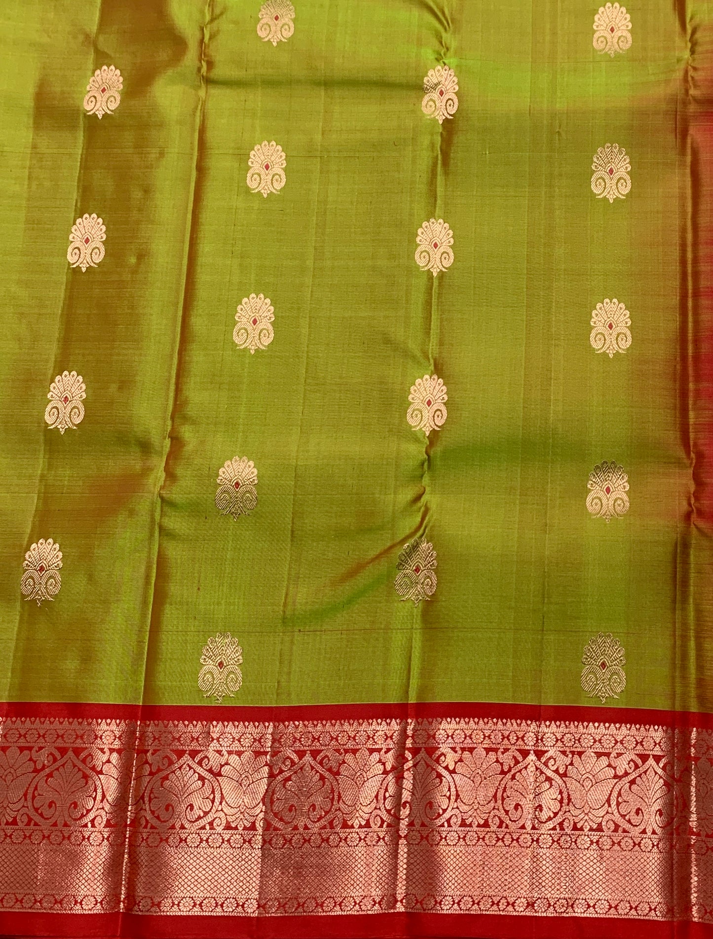 Pure Kanchipuram Silk Saree Primarily Olive Green Colour With Red Border in