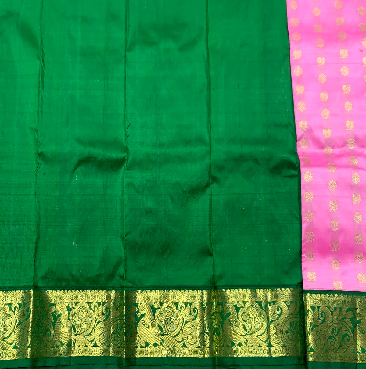 Rose Pink Shade Pure Kanchipuram Kids Pattu Pavadai with Contrast Border for Newborn to 2 Years