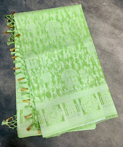 Banaras Katan Saree Apple Green Colour with Katan Work Border