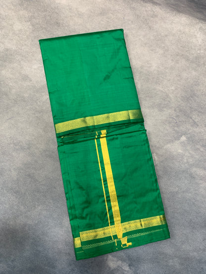 9X5 Pure Silk Dhoti Green Colour with Small Golden Zari Border