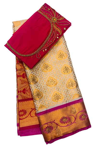 Bridal Vegan Silk Saree Off White shade with Pink Border with Unstitched blouse in Aari work