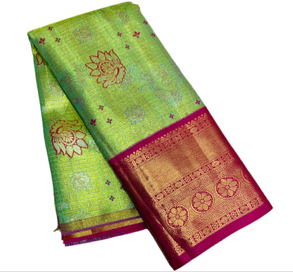 Light Neon Green Shade Vegan Silk Kids Pattu Pavadai with Contrast border for age 2 to 5