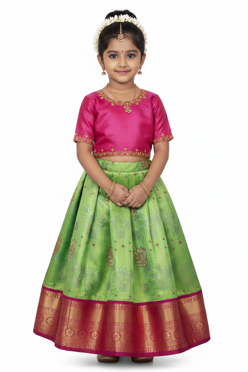 Light Neon Green Shade Vegan Silk Kids Pattu Pavadai with Contrast border for age 2 to 5