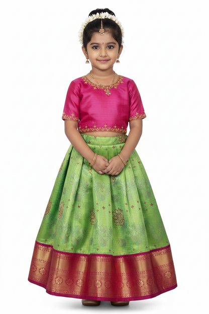 Light Neon Green Shade Vegan Silk Kids Pattu Pavadai with Contrast border for age 2 to 5
