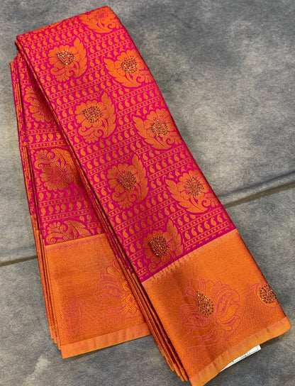 Bridal Vegan Silk Saree Pink Colour with Copper Border