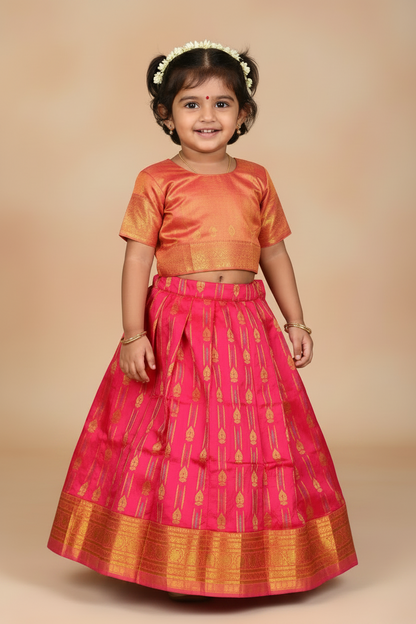 Baby Pink Shade Pure Kanchipuram Kids Pattu Pavadai with Contrast Border for Newborn to 2 Years