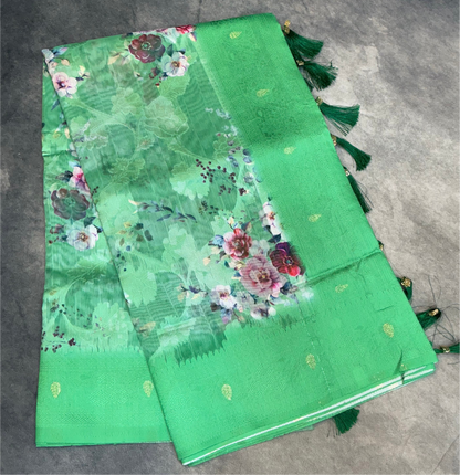 Digital Print Cotton Saree Light Green Colour with Floral Pattern