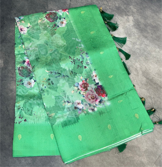 Digital Print Cotton Saree Light Green Colour with Floral Pattern