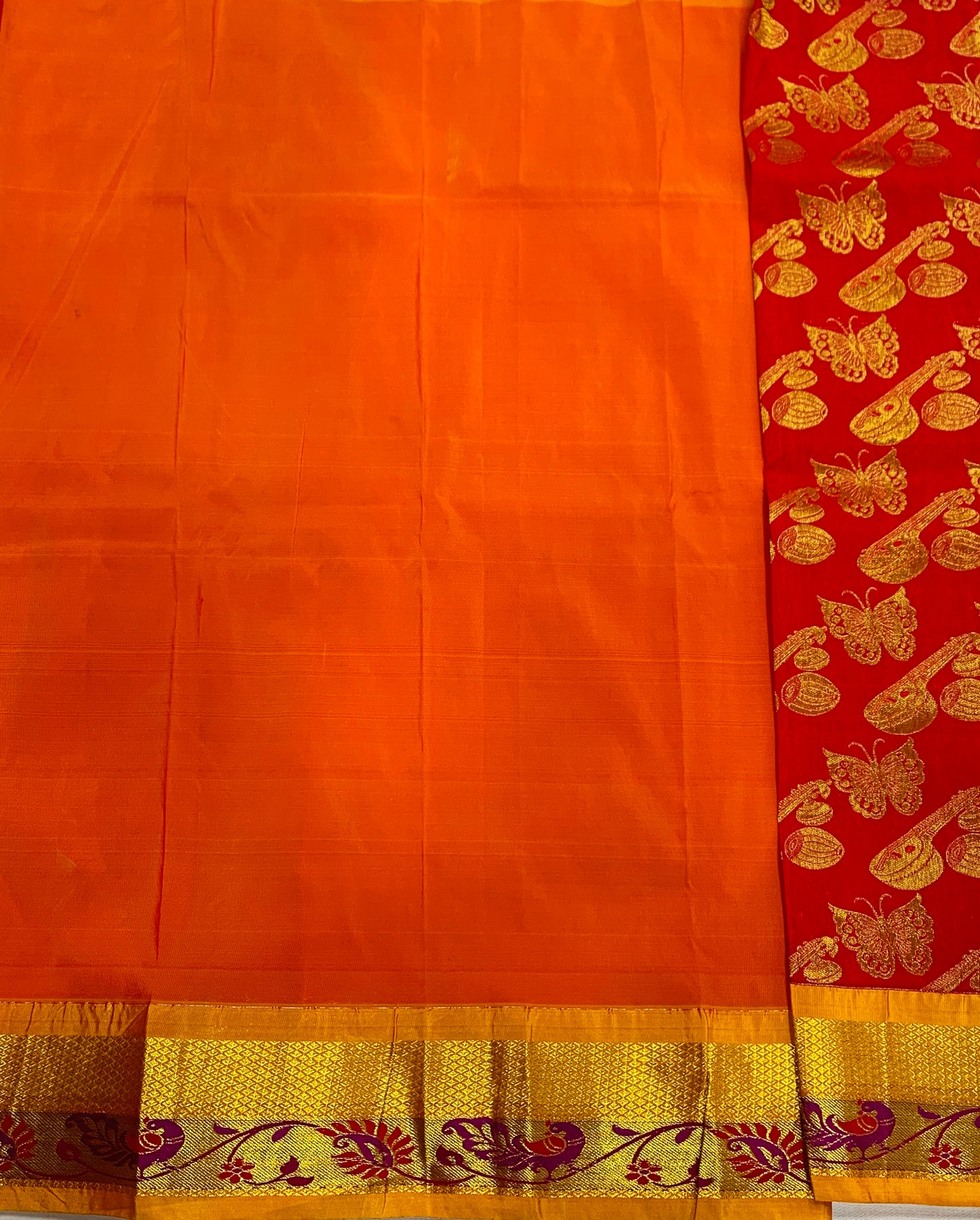 Red Shade Vegan Silk Kids Pattu Pavadai with contrast border for newborn to 2 Years