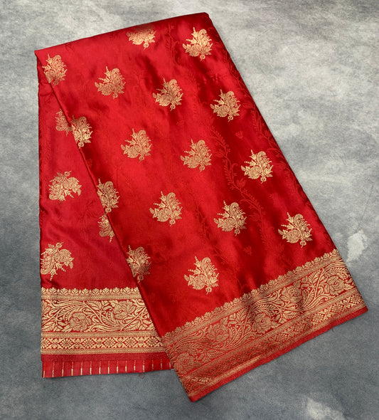 Banaras Saree Red Colour with Golden Colour Floral Design Border