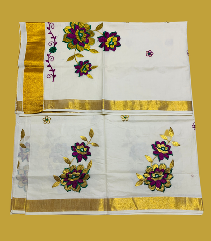 Kerala Cotton Saree Cream Colour with Floral Work Design