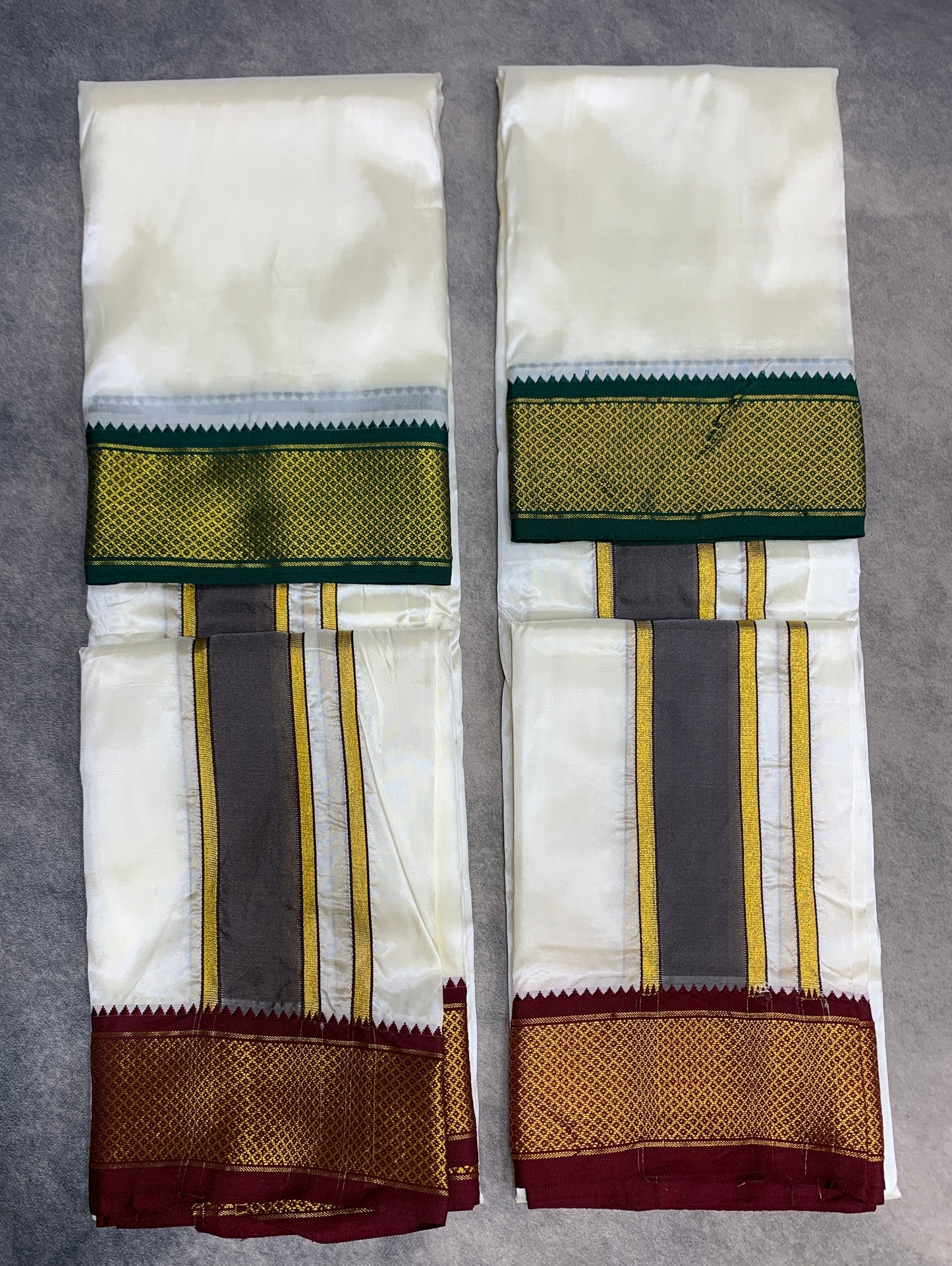 Art Silk Dhoti 8X4 Cream with Medium Ganga Jamuna(Green/ Maroon) Border